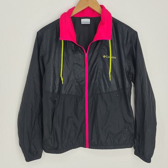 Columbia Black/Neon Lightweight Windbreaker Zip Up Jacket Drawstring Size Small - Picture 1 of 5